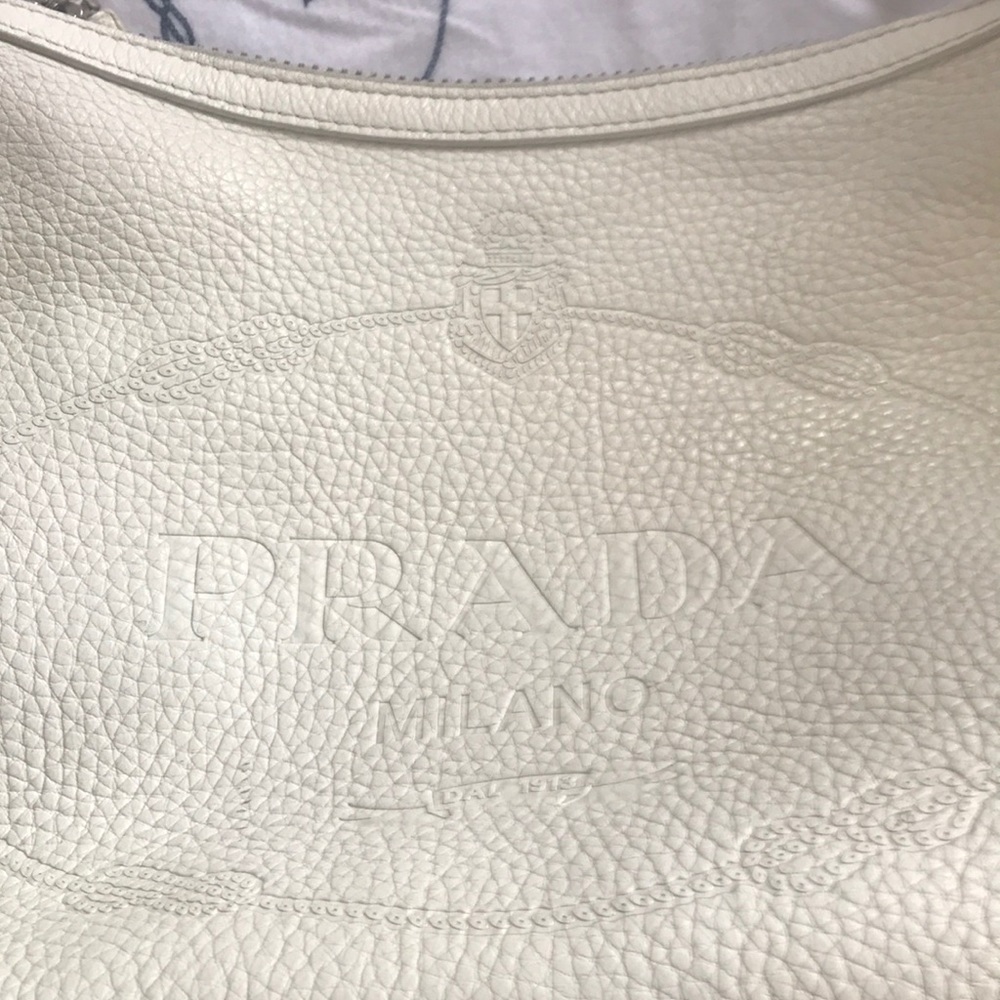 PRADA Logo White Pebbled LTHR Top Zip Shoulder Bag